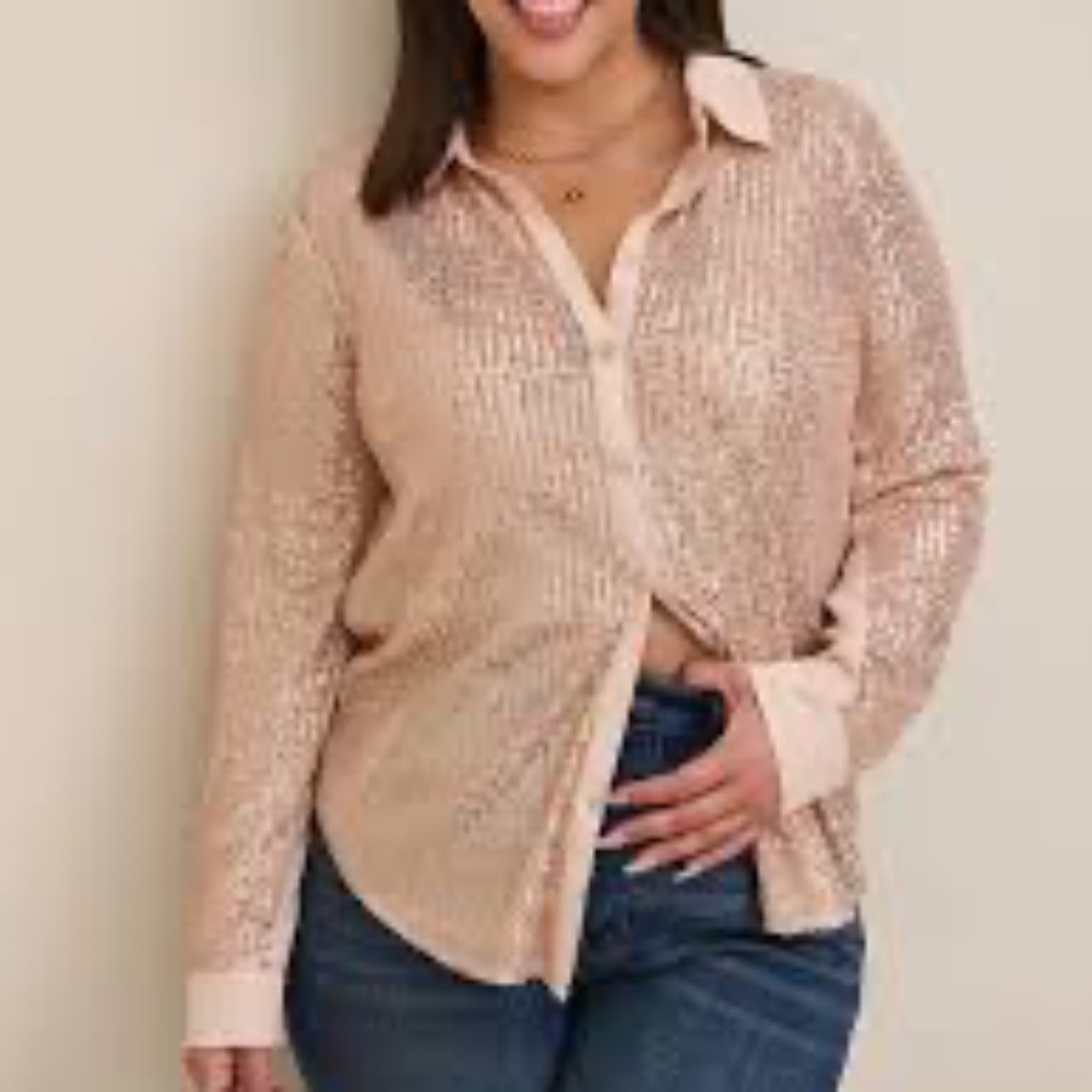 NWT Torrid Madison Sequin Rose Gold Long Sleeve Shirt Size 4 Glitter Party Event